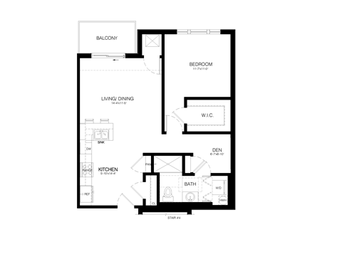 Floor plan for 1 bed, 1 bath, 807 sqft